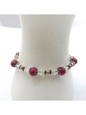Vintage Red Beaded Bracelet With Clear Crystals Sterling Heart Toggle Clasp 8 In